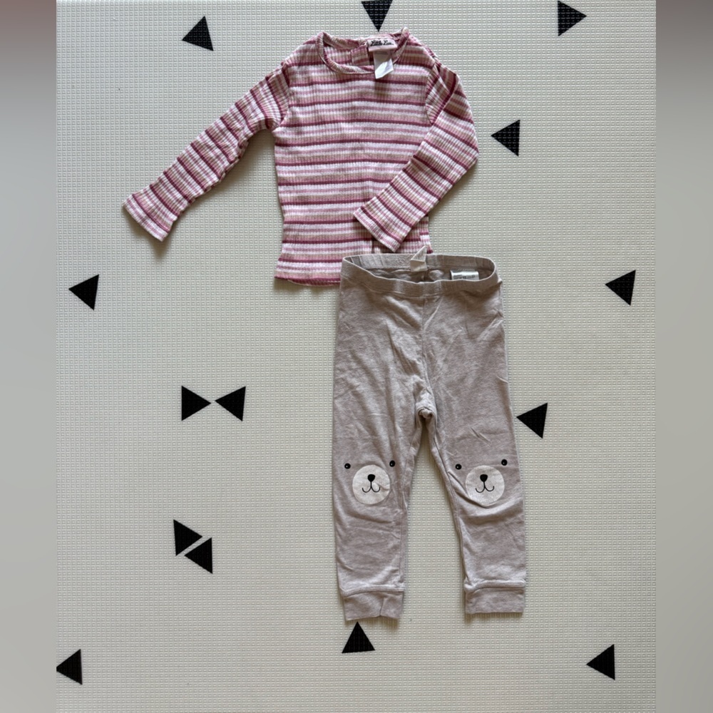 H&M|Baby girl,toddler outfit with Striped ribbed Long Sleeve Top & Bear leggings